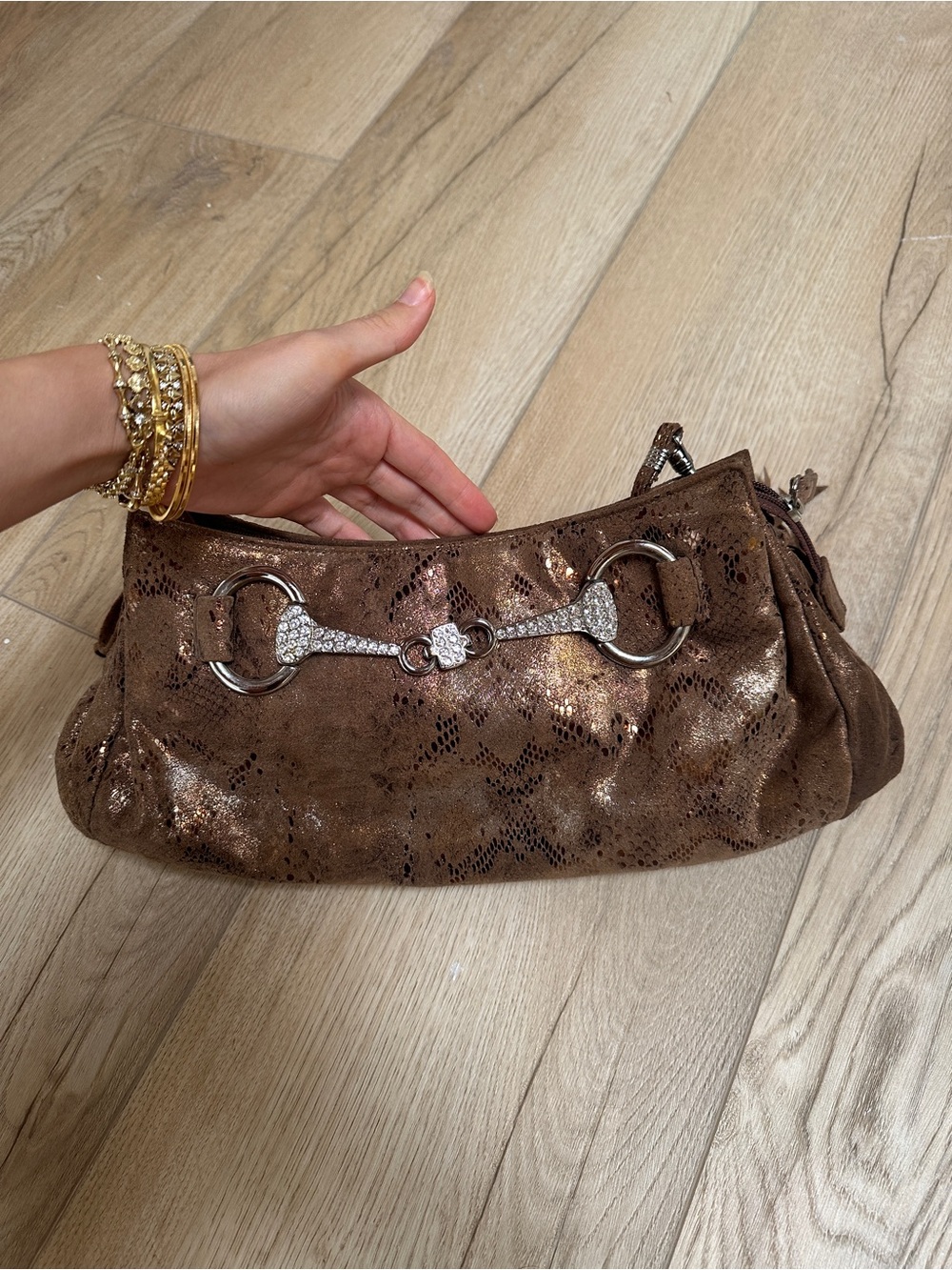 Brown Metallic Snakeskin-Effect Crossbody Bag with Decorative Bit Hardware